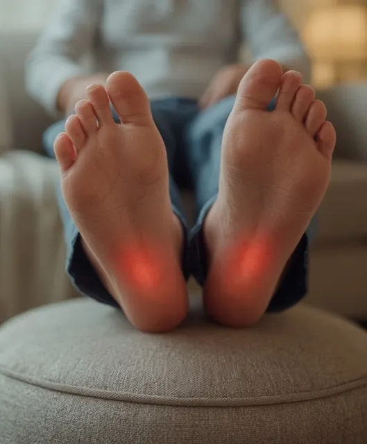 Joan's feet on the ottoman at night, the soles burning